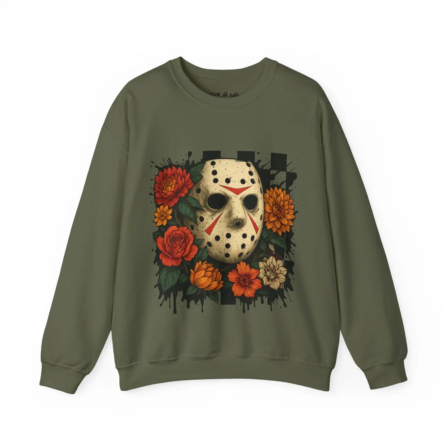 Blooms & Blood – Jason Mask Floral Horror Sweatshirt Printify