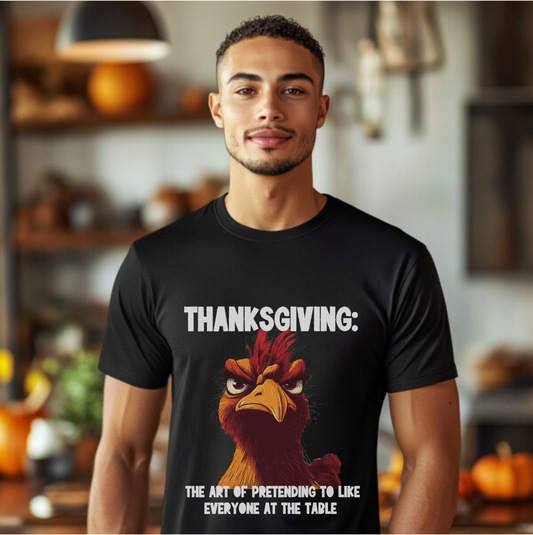 Funny Thanksgiving T-Shirt Thanksgiving The Art of Pretending to Like Everyone at the Table Sarcastic Turkey Graphic Tee